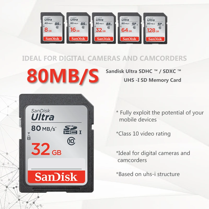 SanDisk Оригинальная карта памяти 32 Гб SD-карта 16 64 128 ГБ C10 SDXC Ultra 80 МБ/с./с.