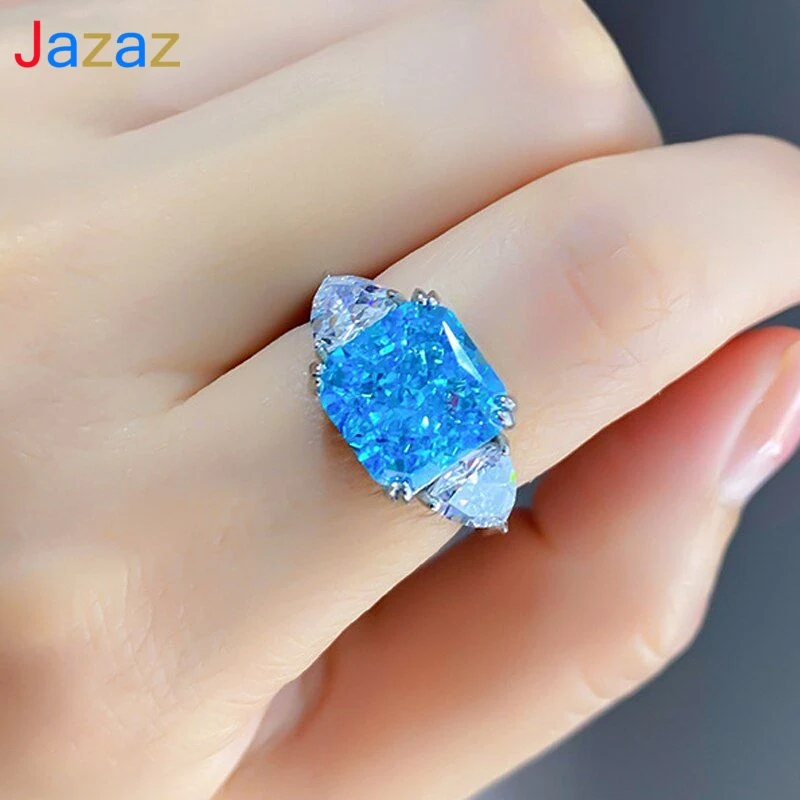 

Jazaz 100% 925 Sterling Silver Spark High Carbon Diamond 10mm Square Aquamarine Wedding Anniversary Rings Women Party Fine B0770