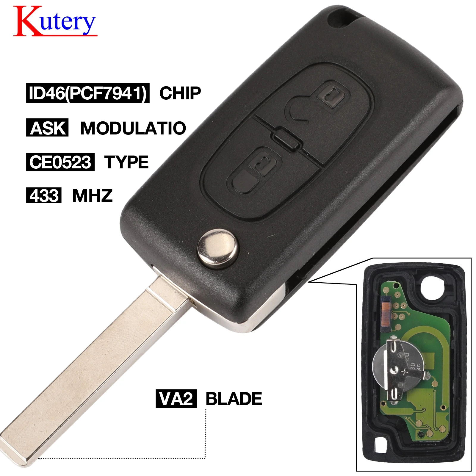 Kutery CE0523 спросить 433 МГц ID46 PCF7941 для Citroen C2 C3 C4 C5 Berlingo Picasso 2 кнопки автомобиля