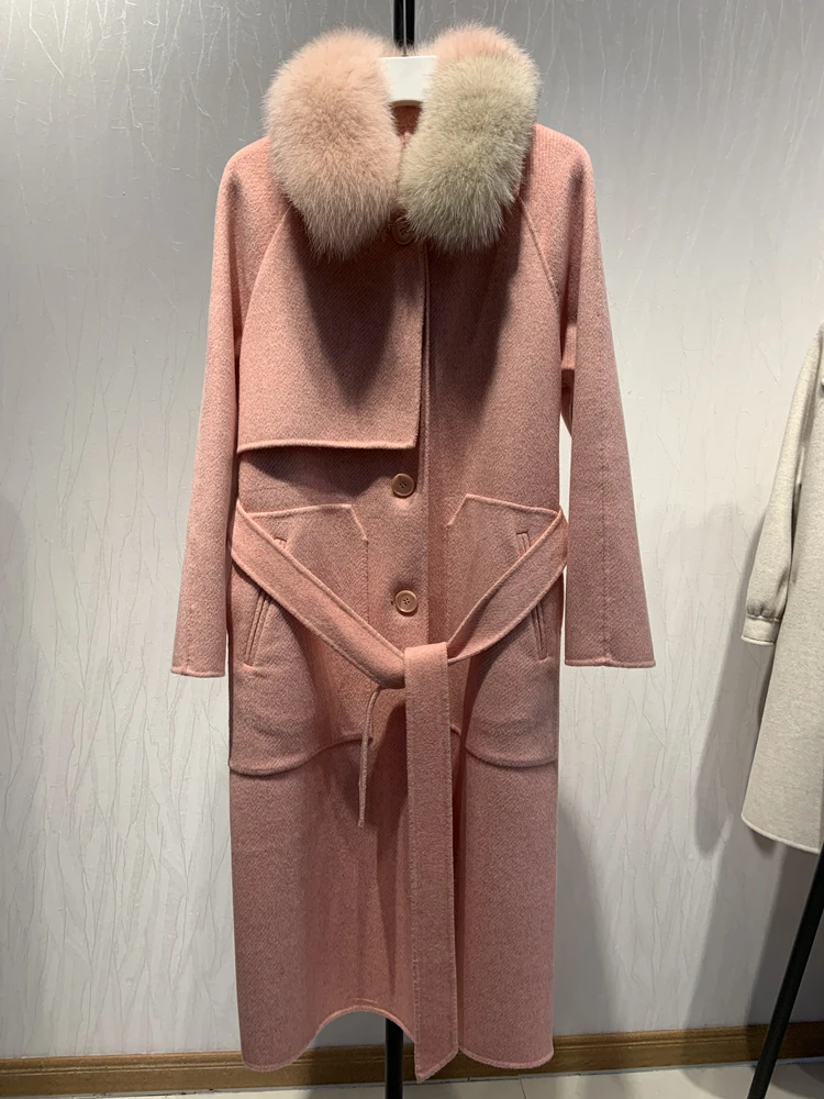 OFTBUY пальто с натуральным мехом зимняя куртка женская с воротником из натурального Лисьего меха шерсть смешанная Длинная Верхняя одежда с поясом Женская Уличная Повседневная