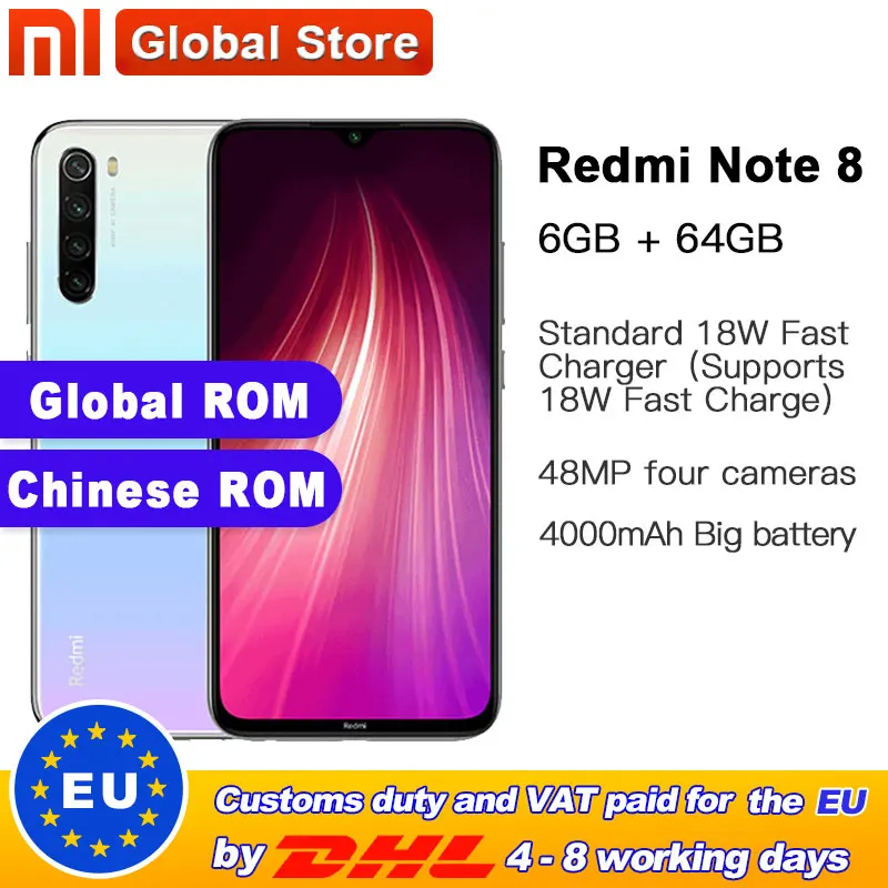 Xiaomi Redmi Note 8 смартфон с восьмиядерным процессором Snapdragon 665 ОЗУ 64 ГБ ПЗУ 48 МП 4000
