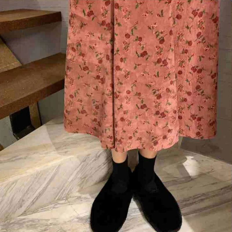 

Women Skirts Autumn Corduroy Retro Floral Mid-calf Office Ladies Female All-match Elegant Ruffles Simple French Style Empire New
