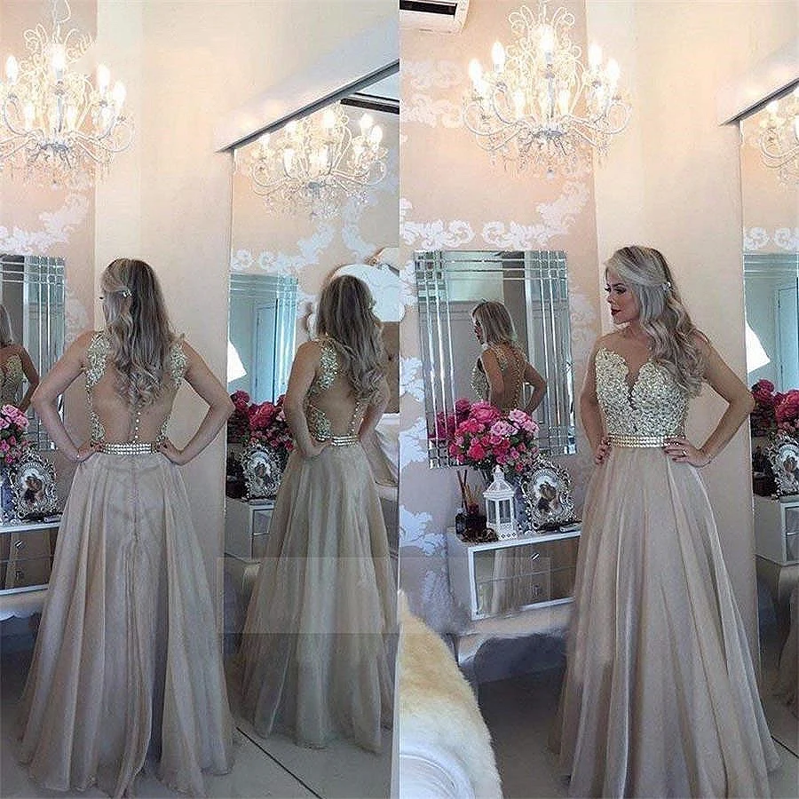 2022 New Chiffon Prom Dress Beaded Lace Applique Sheer Back Sleeveless Formal Long O-Neck Floor Length Evening Dresses Plus Size