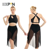 women latin dance dress lyrical costume outfits asymmetrical shiny sequins sleeveless tank crop top with high low mesh skirt
