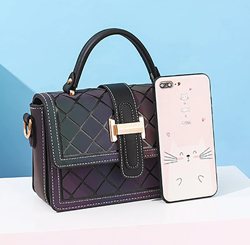 

New Fashion Shinning Blocks Hologram Shoulder Bags Collapsible Luminous PU Geometric Handlebag Small Flap Phone Bag