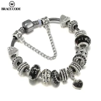 black ancient silver plated 925 man women bracelet diy heart shaped pendant and luminous beads beaded fine bracelet jewelry gift