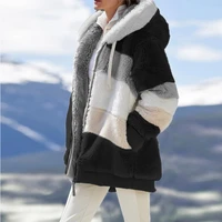2021 autumn winter women warm jacket coat fashion plush patchwork zipper pocket hooded outwear top plus size 5xl