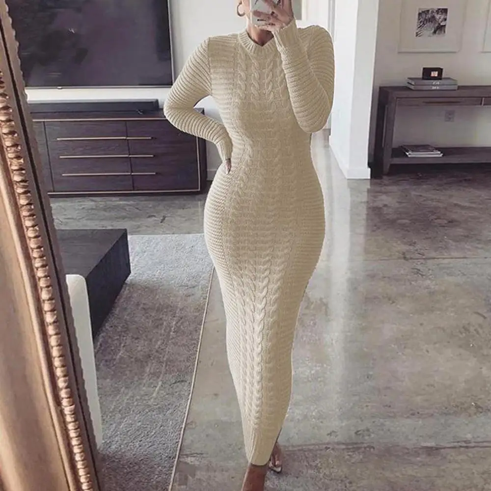 

Christmas Casual Dresses for Women 2021 Women Autumn Winter Long Sleeve Twisted Knitted Bodycon Warm Maxi Sweater Dress