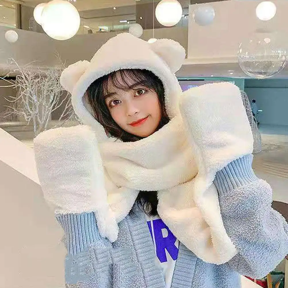 

Cute Bear Ear Hat Scarf Gloves Set Winter Women Novelty Caps Casual Kawaii Accessories Fleece Plush Hats Casual Girl Warm S3b3