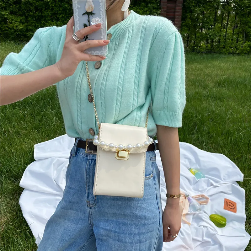 

New Arrival Women's Crossbody Bag for 2021 Summer Retro Solid Pearl Chain Female's Single Shoulder Bag Mini Vertical Phone Bag