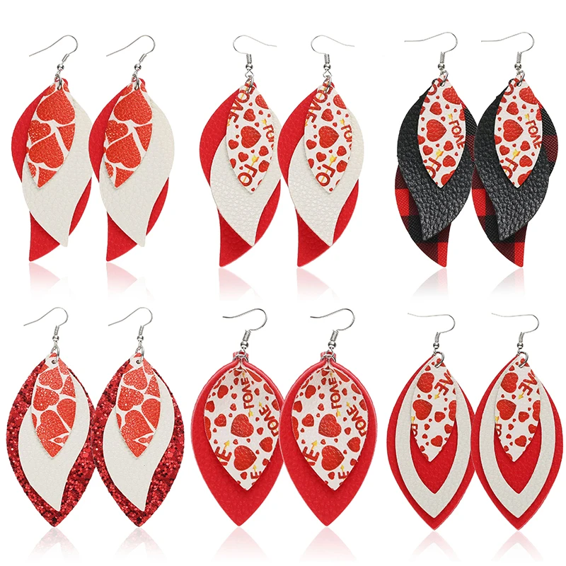 Три слоя листьев сердце любовь блестящие серьги из искусственной кожи для женщин