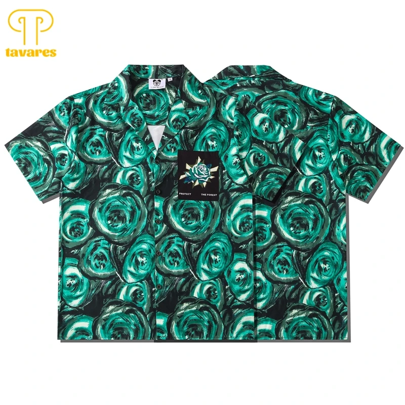 

TAVARES Casual Shirts Men Summer Short Sleeve Shirt Women Hawaiian Beach Blouses Green Flower Floral Vintage Cardigan Tops