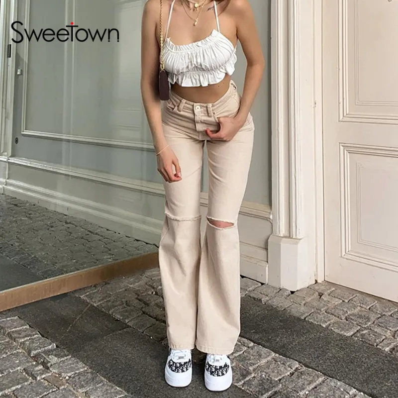 

Sweetown Vintage Solid Flare Pants Holes New Mom Jeans Woman High Waist Slim Streetwear Joggers Aesthetic Korean Denim Trousers