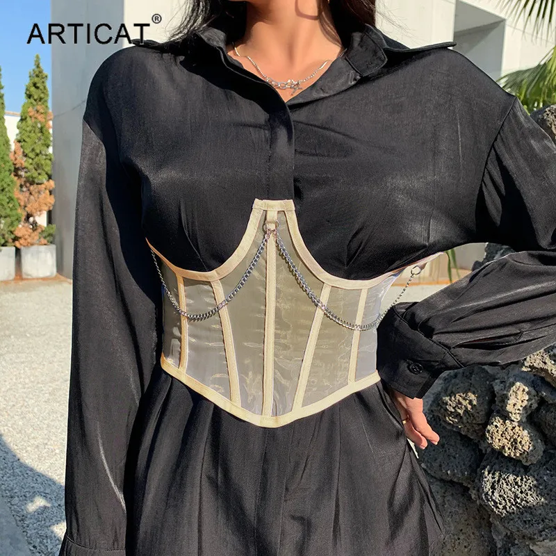 

Articat Chain Slim Mesh Sexy Girdle Women Fashion High Street Chic Lace Up Bandage Corest Top Female Black Cummerbunds Wide Belt
