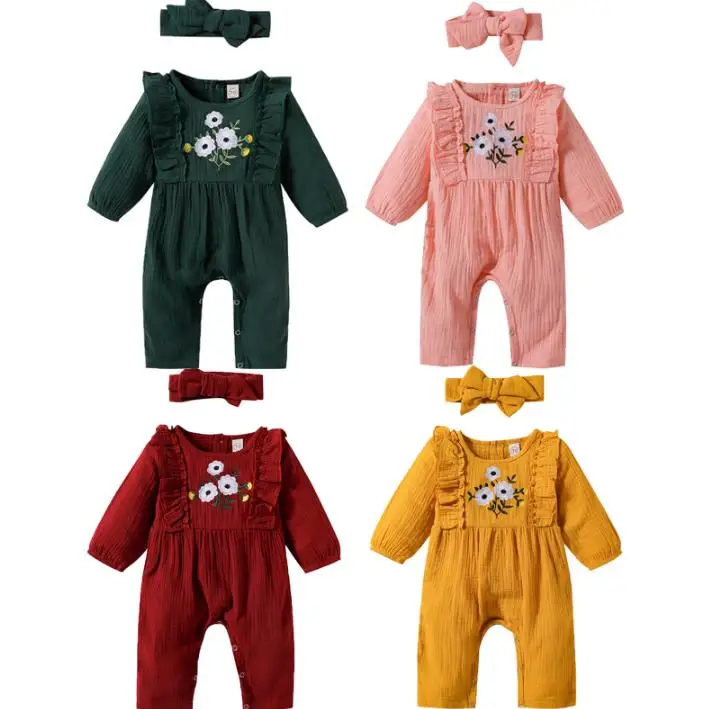 

Casual Baby's Playsuit Set Long Sleeve Round Neck Long Trousers Falbala Edge Decor with Bowknot Hairband Baby Jumpsuits
