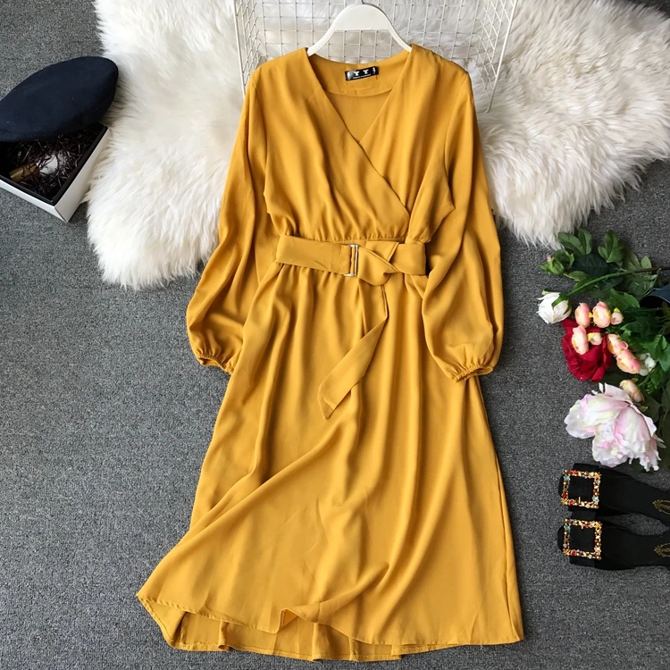 Женское шифоновое платье ALPHALMODA с длинными рукавами и поясом офисное
