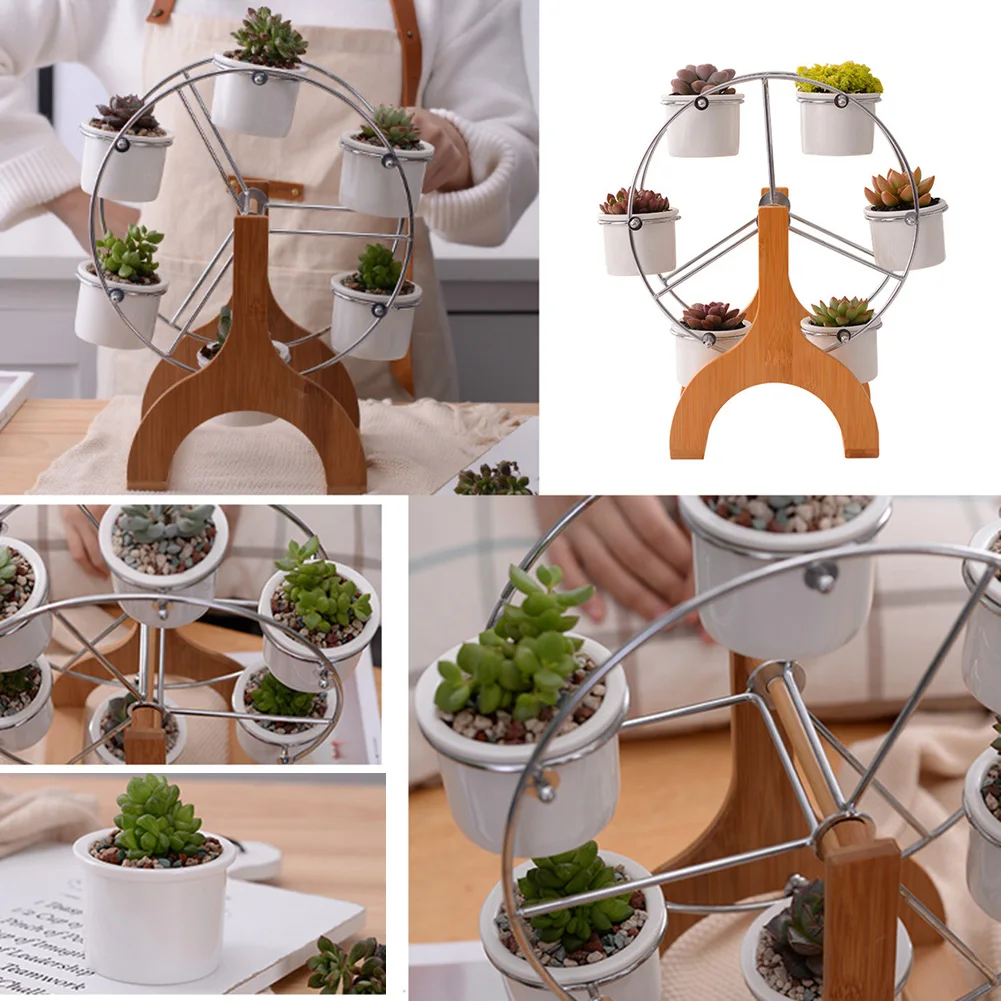 

Cute Ferris Wheel Shaped Flower Pot Stands Holder with 6 Round Ceramic Succulent Plant Pots for Home Garden Office Deskt DC156