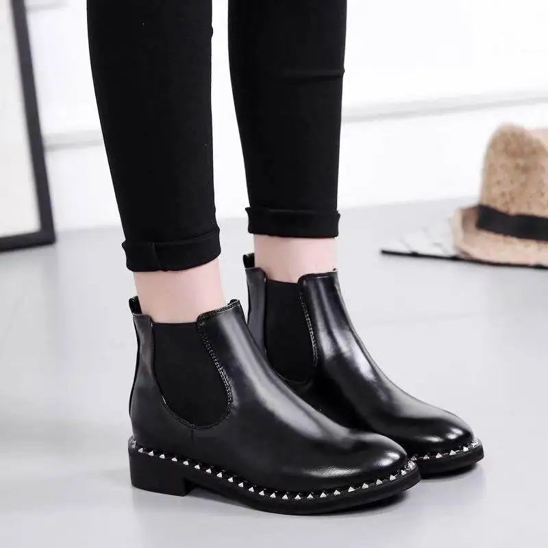 Bishen/зимние ботинки женские ботильоны с круглым носком и заклепками модные