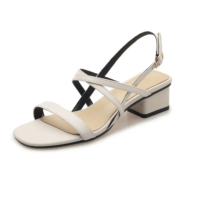 New women sandals genuine leather thick high heels sandals woman mixed colors cross buckle ladies dress party shoes - Цвет: Бежевый