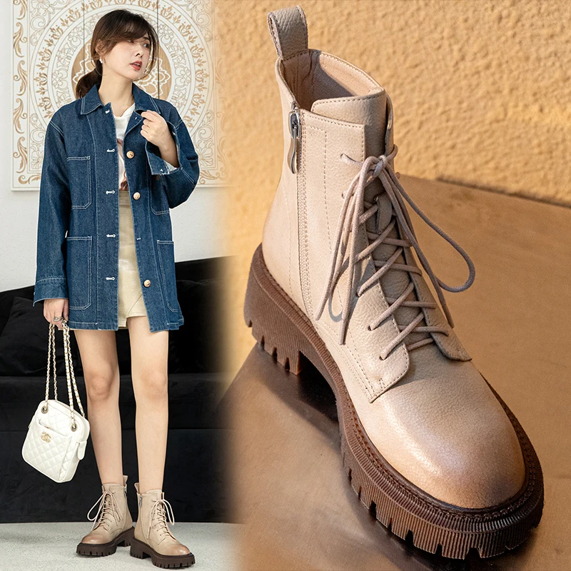

Autumn Winter Women Boots Round Toe Ankle Boots for Women Thick Bottom Genuine Leather Brock Chelsea Boots Platform Shoes Women