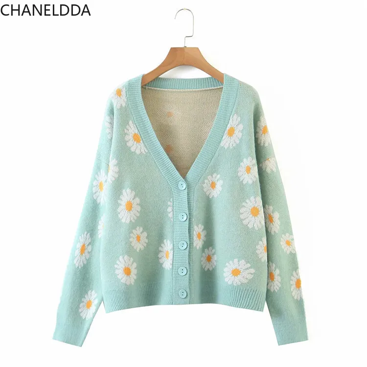 

Женский вязаный кардиган с цветочным принтом, свободный джемпер в Корейском стиле, весна-осень 2021