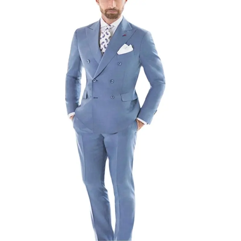 

2022 Handsome Men Wedding 2 Pieces Suit Sky Blue Peak Lapel Double-breasted Male Slim Fit Costume Business Formal Party Tuxedos