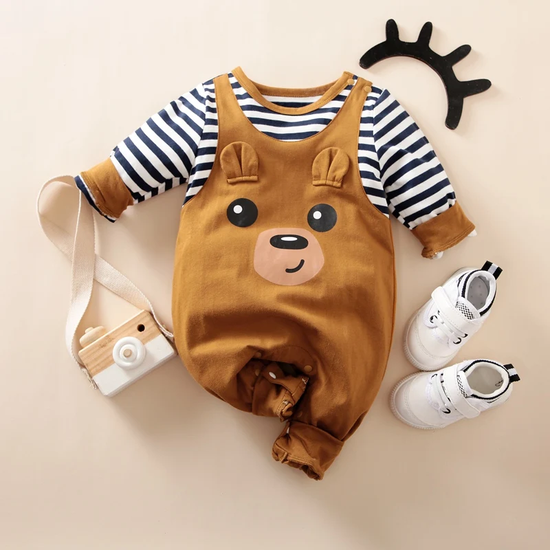 

Hibobi Baby Bodysuit Brown Boy Bear Pattern Long Sleeve Strap Jumpsuit Newborn Kids Cotton