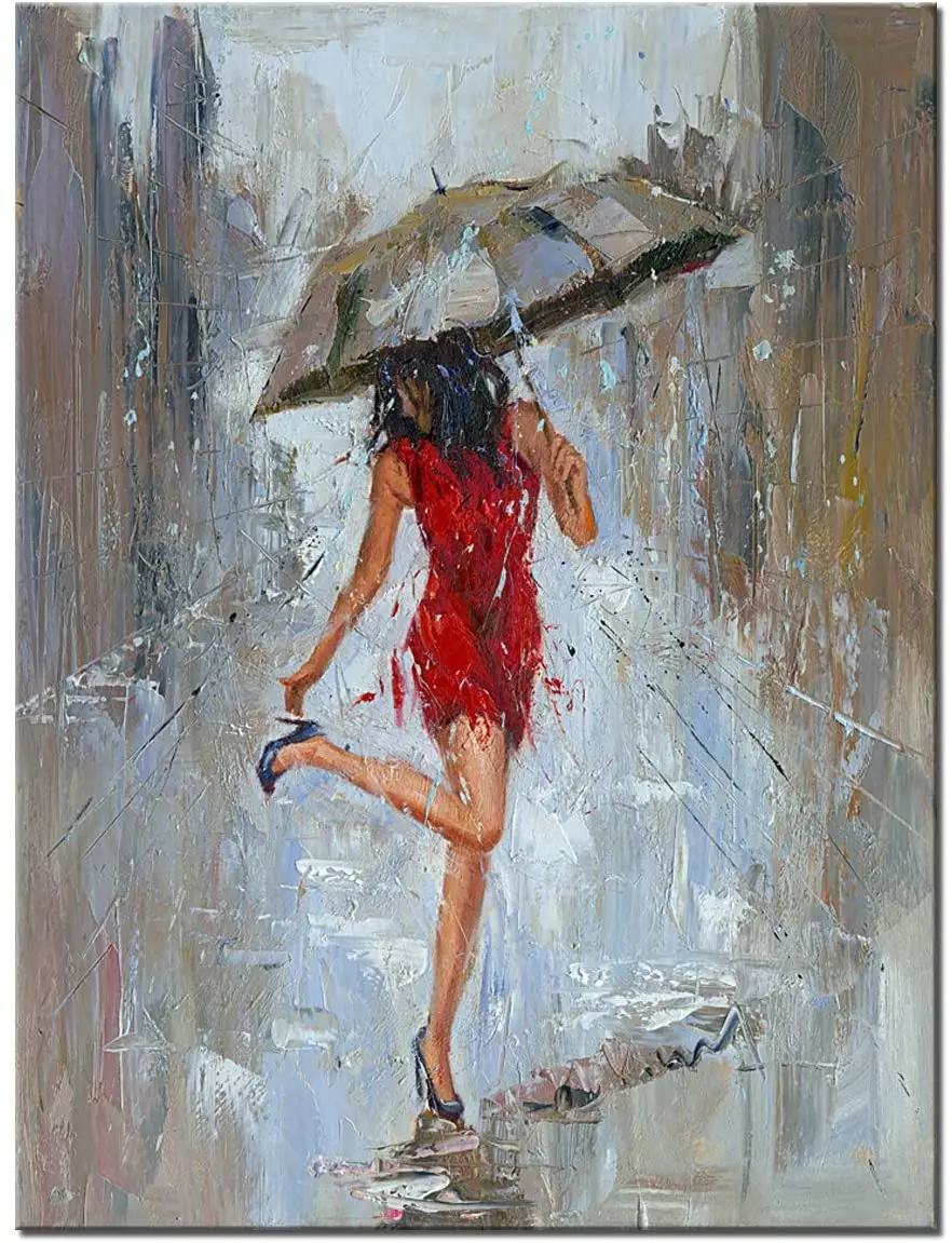 

Printed Frameless Canvas Oil Painting Red Dress Woman Bedroom Home Decoration Poster with Umbrella Walking Down The Street