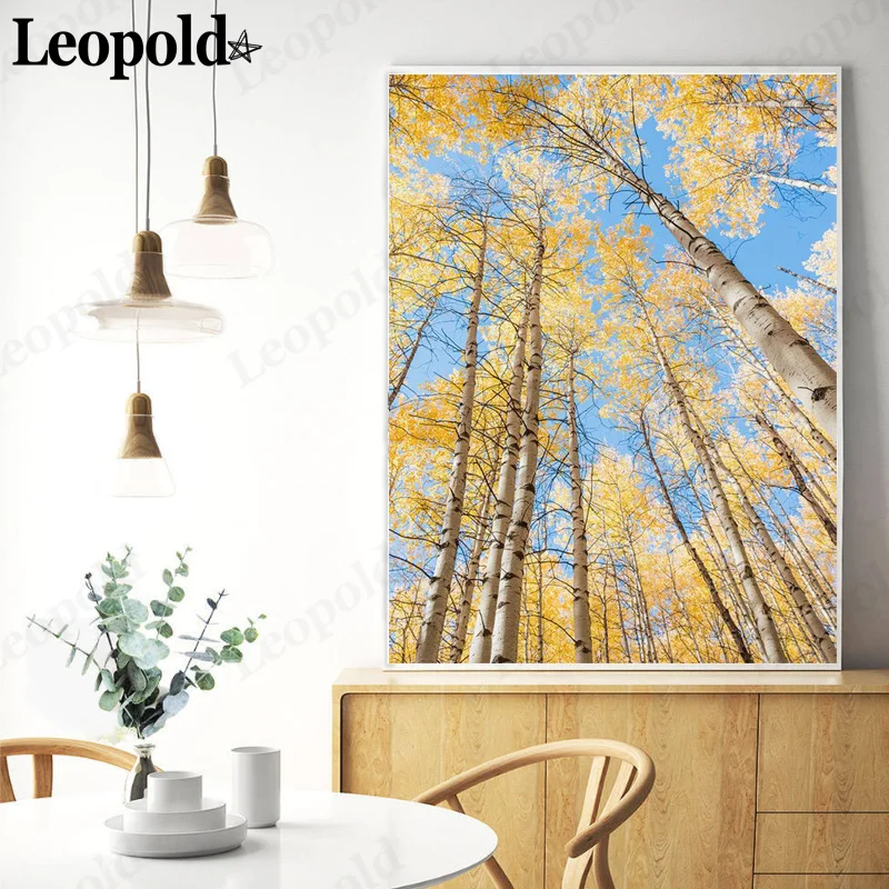 

Modern Autumn Landscape Canvas Poster Yellow Birch Tree Blue Sky Painting Wall Art Nordic Living Room Home Decoration