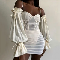 black white solid sheer mesh summer dress women spaghetti strap long petal sleeves backless sexy mini dresses club party vestid