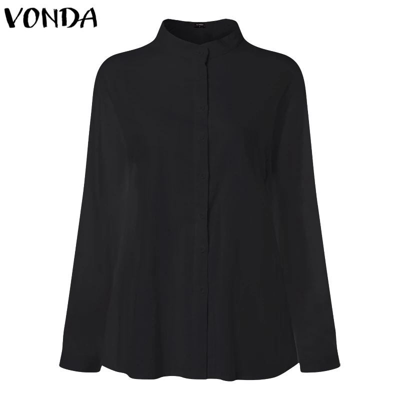 Black VONDA новые женские блузки летние офисные женские белые рубашки с рукавами-фонариками и пуговицами глубокий v-образный вырез белая блузка сексуальные топы размера плюс - Цвет: Black