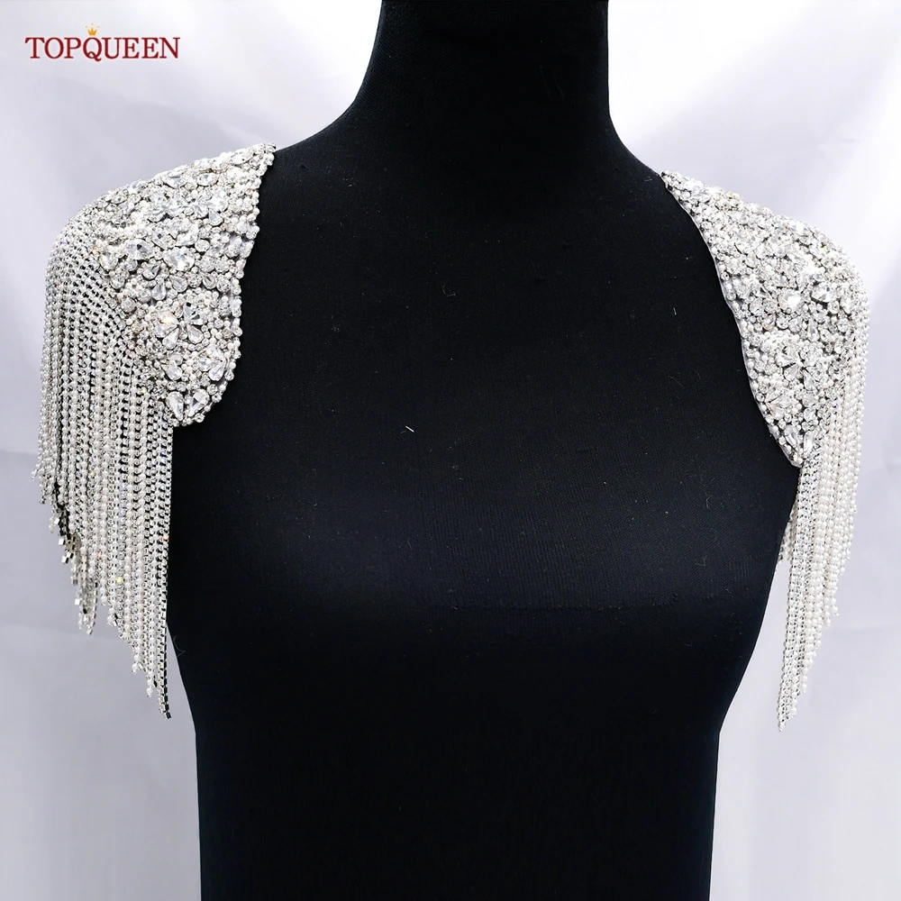 TOPQUEEN SP36 Rhinestone Applique Bling Large Sewing Patches Epaulets for Women Ladies Bridal Party Clothing Dresses Gown Coats