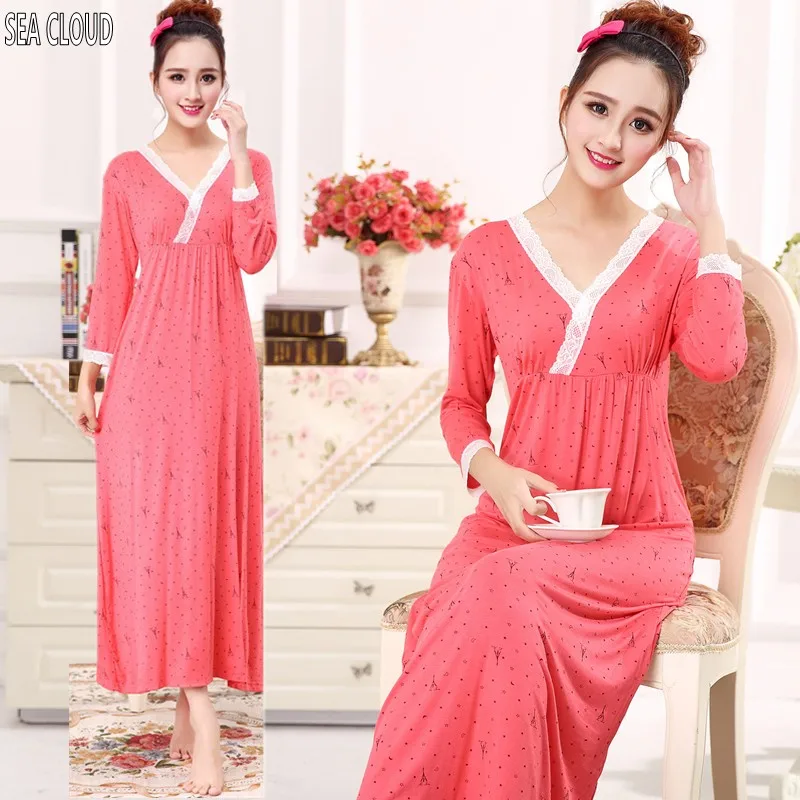

Free shipping Spring autumn plus size cotton modal v-neck long nightgown female long-sleeve loose princess sleepwear