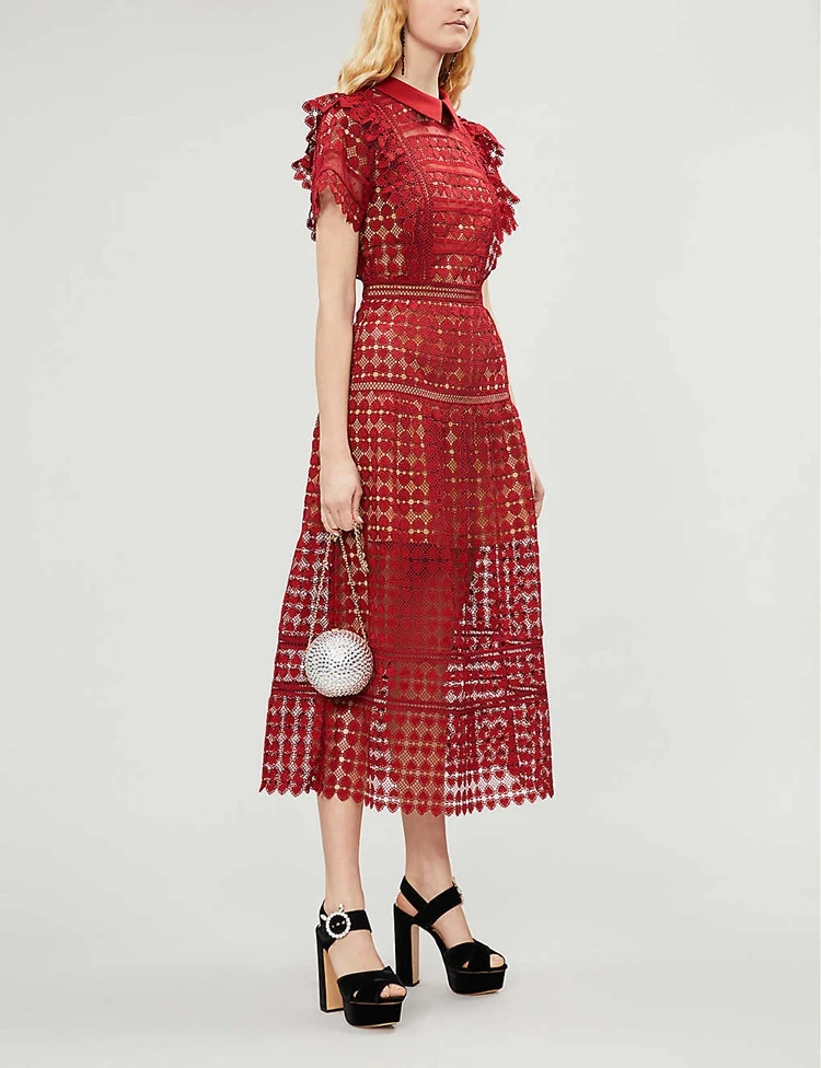 Red Christmas Dress 2020 New Year Party Women Cute Peter Pan Collar Hollow Out Ruffles SHort Sleeve Heart Lace Long | Женская одежда