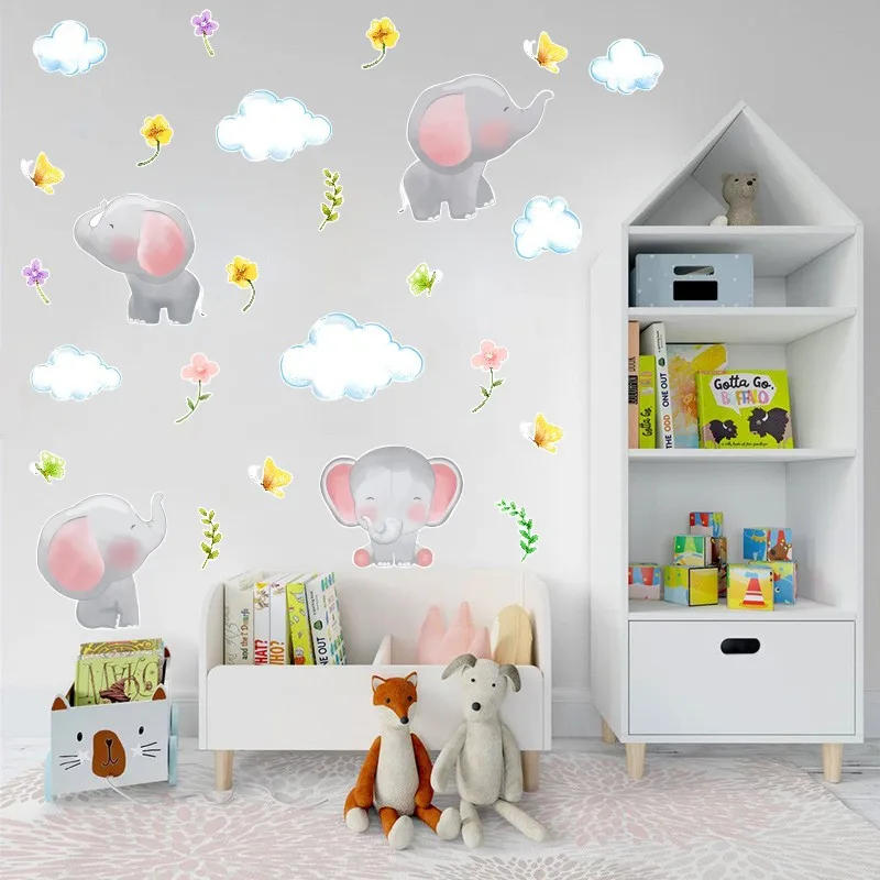 

Zollor Cartoon Animal Elephant Butterfly Cloud Children Room Wall Sticker Living Room Kindergarten Graffiti Decorative Stickers
