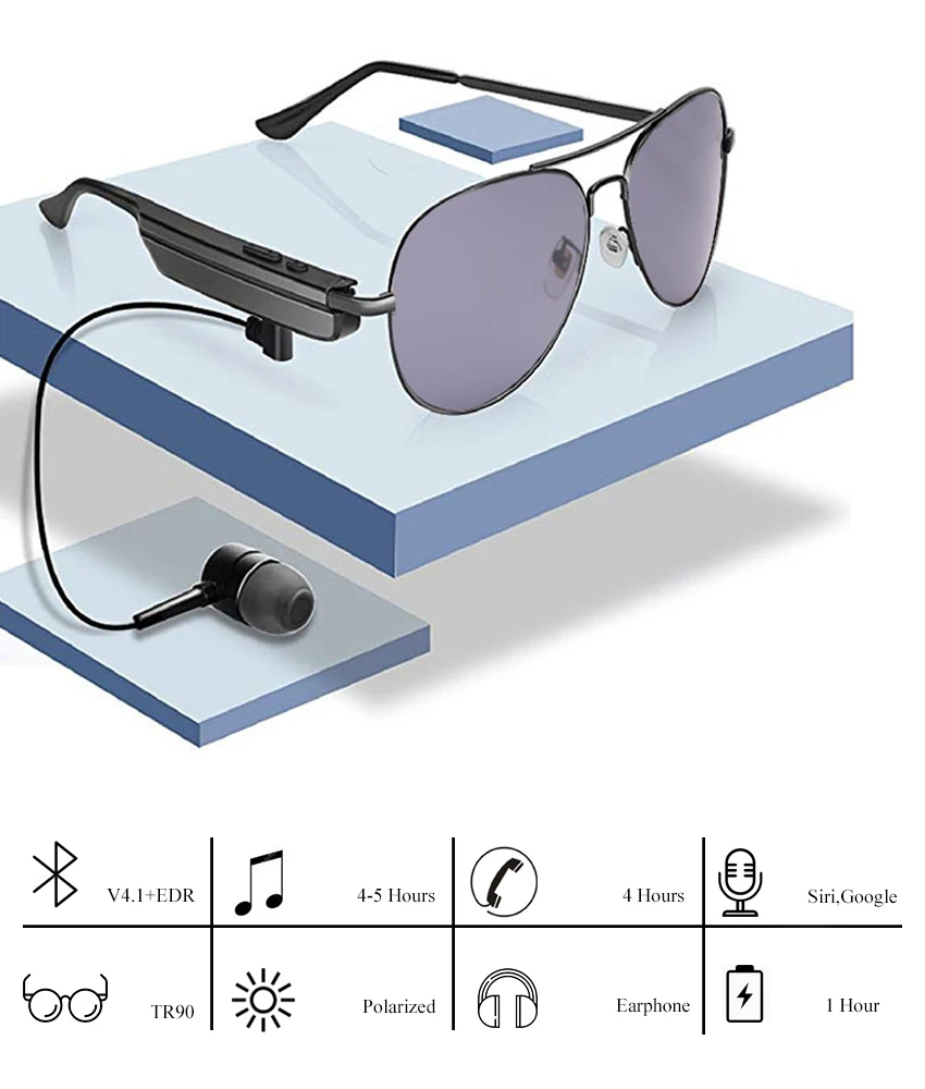 Conway Music Sunglasses Bluetooth Speaker Headset with Earphone Smart Audio Sun Glasses Pilot Polarized Lens for Women Men
