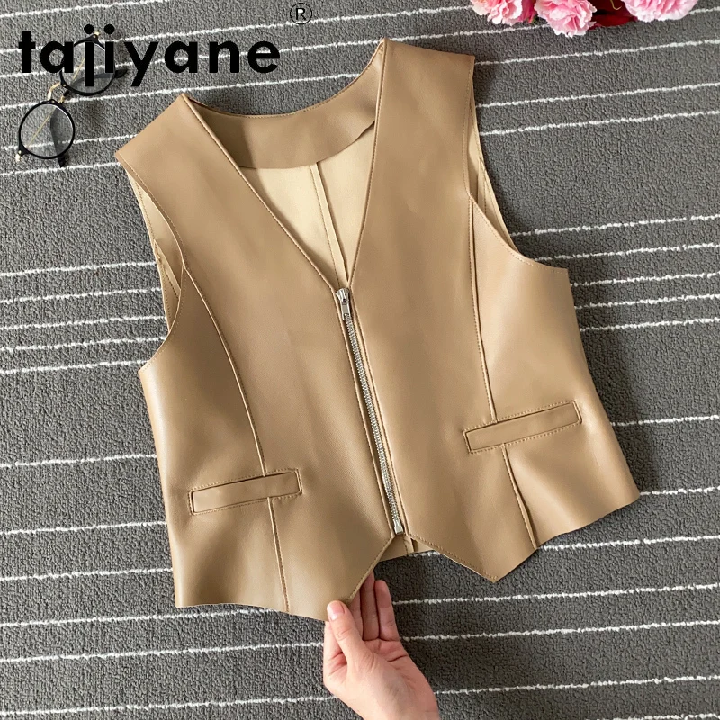 

Женский укороченный топ Tajiyane, черный жилет из натуральной кожи, куртка без рукавов из натуральной овечьей кожи, женская жилетка, TN2890