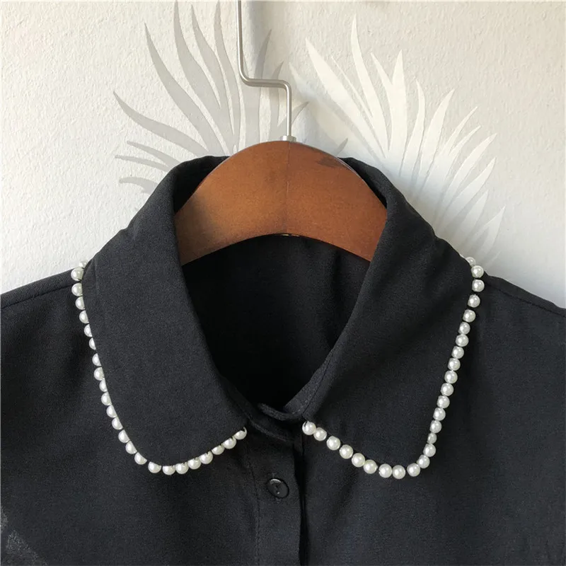 

New Fashion Women Collars White Black Chiffon Shirt Imitation Pearl Sewing Beads Detachable Collar Apparel Accessories for woman