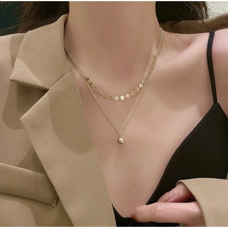 

Ins Celebrity Double-Layer Simplicity Necklace Versatile Personality Small Golden Balls Pendant Clavicle Chain for Women Girls