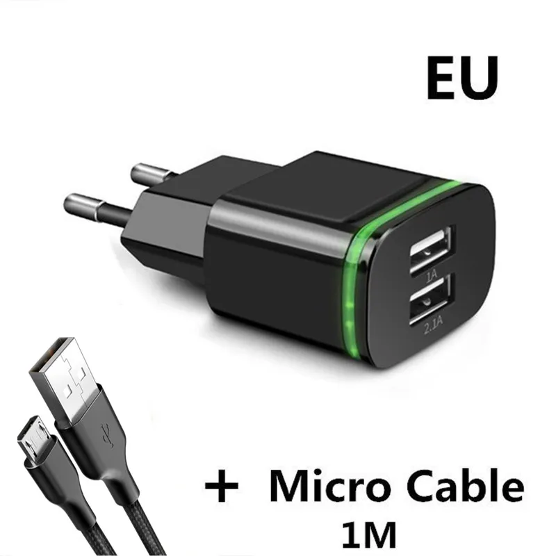 XEDAIN 2 порта USB зарядное устройство для телефона 5 В/2,1 а EU/USA штепсельная вилка настенного адаптера устройства микро Зарядка данных для iPhone huawei светодиодный светильник для мобильного телефона - Тип штекера: Black  Micro Cable