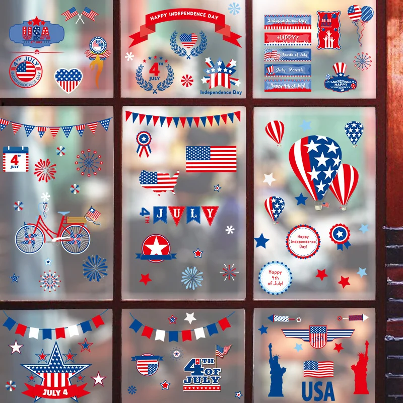 

July 4 Window Clings Patriotic Stickers National Flag USA Independence Day Home Decoration stickers Wall Decals 20*30cm*9pcs