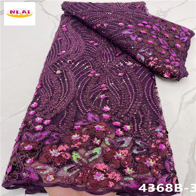 

Elegant Wine Color High DualitySequence Lace Fabric Simple And Noble Design Sequined Embroidered Mesh Lace For Woman NA4368B-1