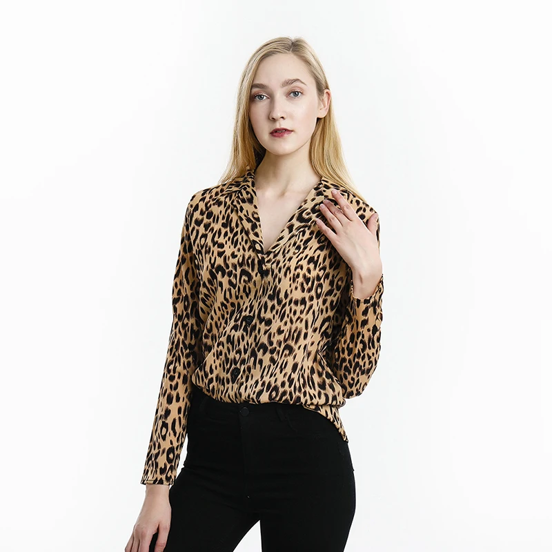 Fashion Sexy V Neck Elegant Animal Leopard Printed Women Trun Down Collar Blouse Long Sleeve Loose Shirt Top Femme Hot Sale | Женская