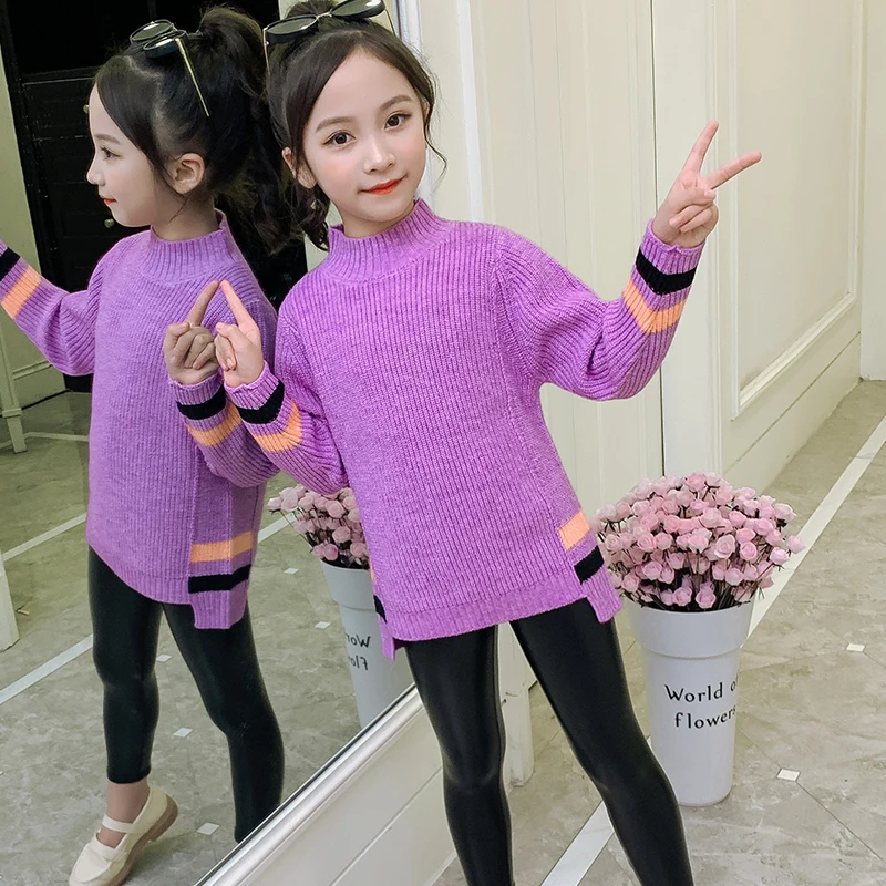

Baby Girls Clothes Warm Sweaters Autumn Winter wool sweater thick Knittde panelled color Stripes Children Pullovers Kids Sweater