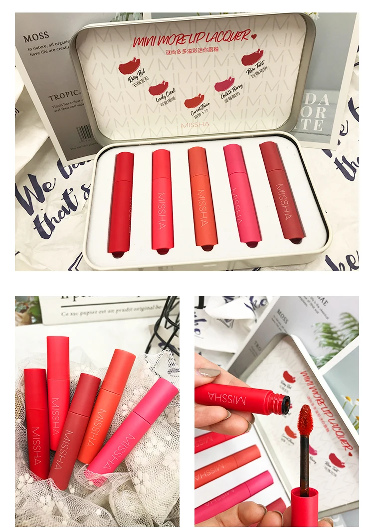 

MISSHA More Lip Lacquer Kit 5 Color Korea Lips Makeup Liquid Lipstick Matte Lip Gloss Lip Glaze Long Lasting Lip Tint Waterproof