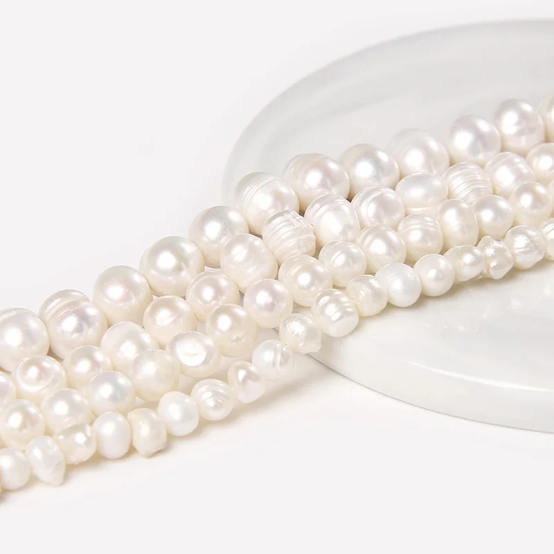 

Fine 100% Natural Freshwater Pearl White Potato Round Baroque Pearls For Jewelry Making DIY Bracelet Necklace 5-9mm Strand 14''