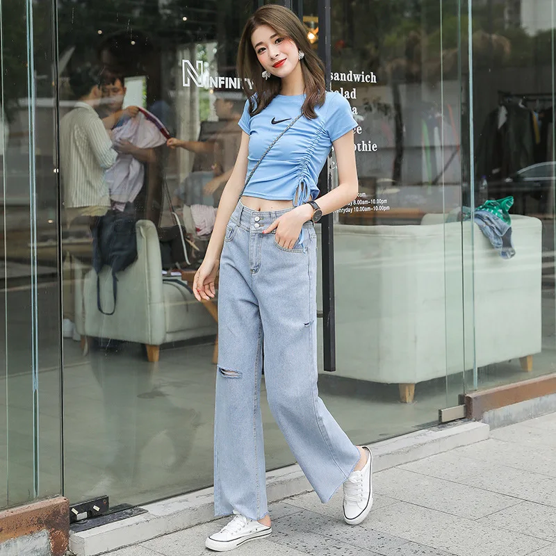

Korean High Waist Jeans Women Retro Streetwear Loose Straight Wide Leg Denim Pants Mujer Boyfriend Distressed Jeans for Girls