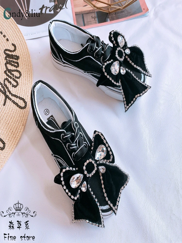 

New Japanese dark black bow lace up canvas shoes in summer