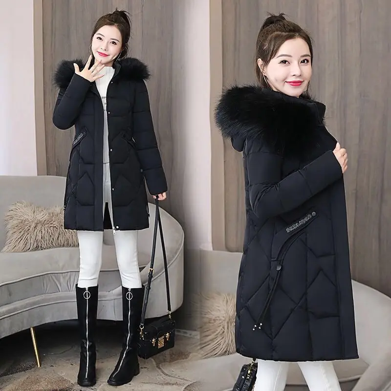 Winter Women's Cotton Coat Ladies Mid-length Slim-fit Korean Style Thick Warmth Fashion All-match Large Fur Collar Female Jacket