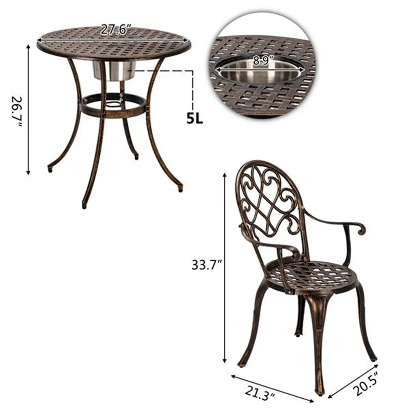 

European Style Cast Aluminum Outdoor 3 Piece Patio Bistro Set of Table and Chairs with Ice Bucket Bronze